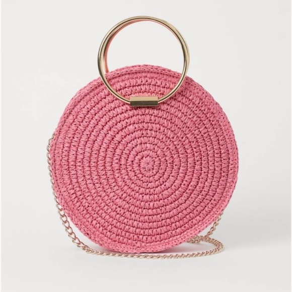 H&M BLOGGER PINK & GOLD ROUND STRAW CROSSBODY BAG PURSE - Picture 2 of 7